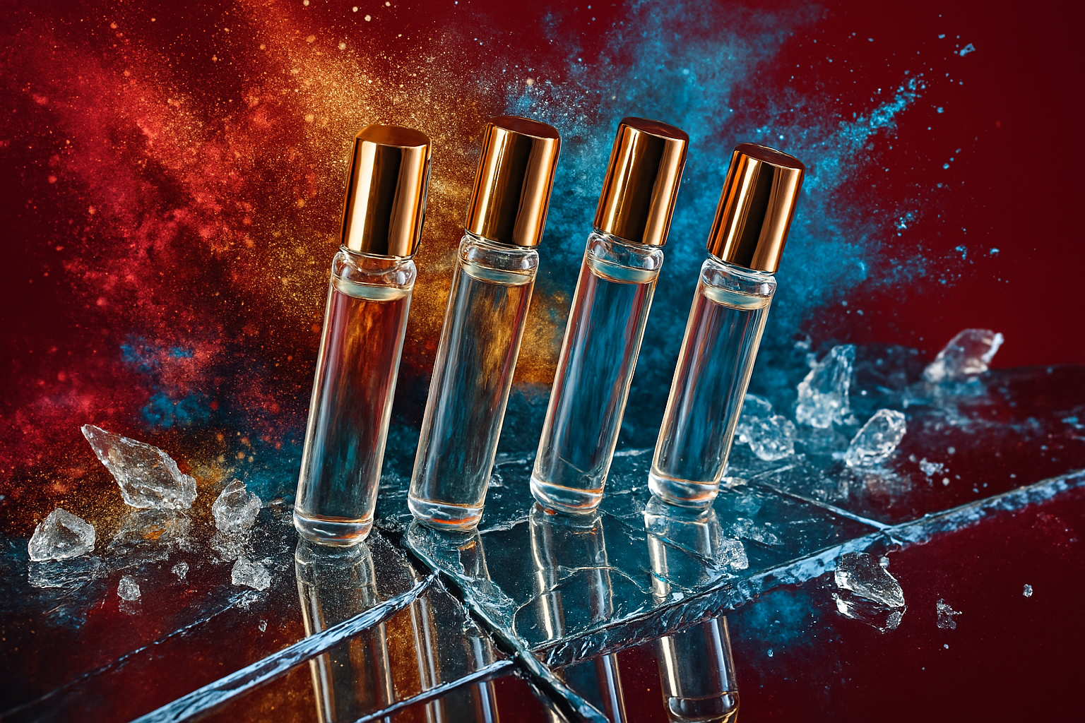 Four clear glass perfume vials with amber liquid and gold caps are lined up on a cracked, reflective surface. The background is a vibrant explosion of red and orange powder with a smaller burst of blue on the right. Scattered pieces of ice or shattered glass lie around the bottles, adding to the dynamic composition.