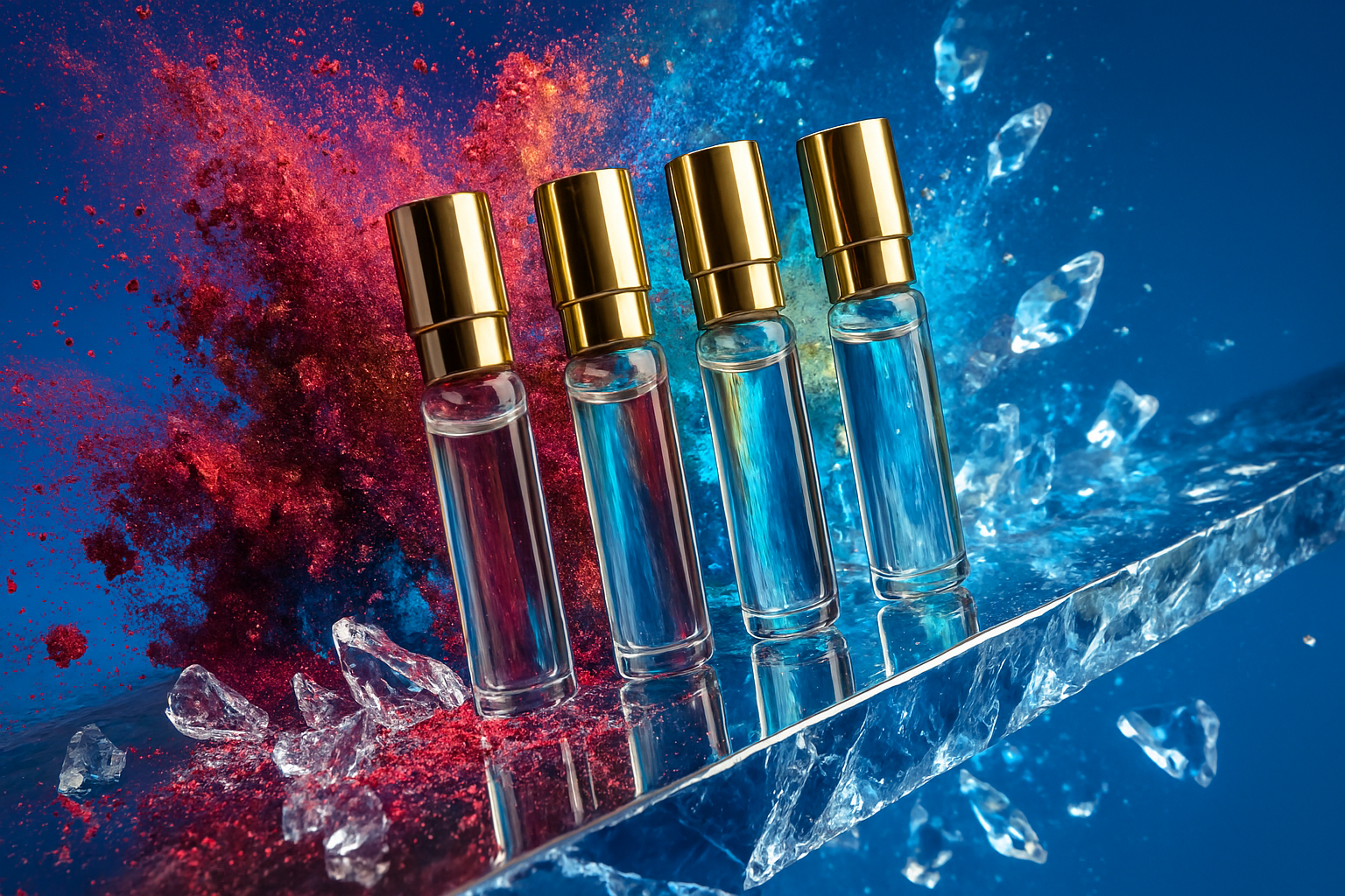 Four clear glass perfume vials with gold caps are angled on a textured, icy blue surface. Behind them is an energetic burst of red and blue powder, creating a dramatic contrast. Scattered shards of ice surround the bottles, enhancing the cool, dynamic atmosphere of the scene.