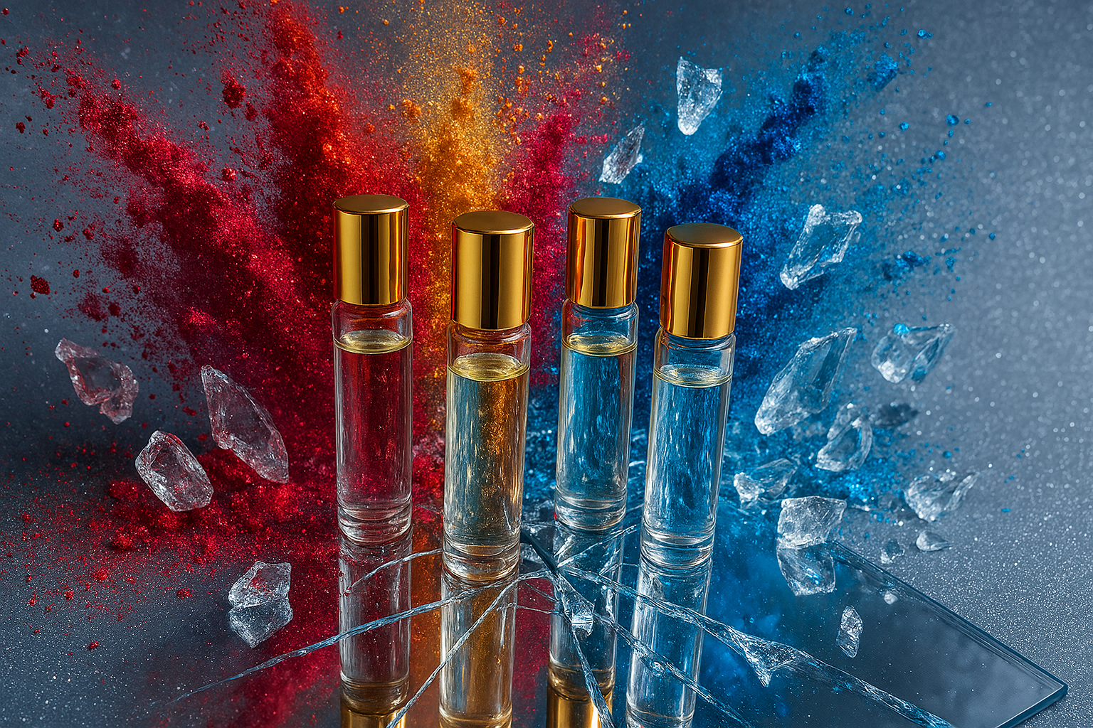 Four small glass perfume bottles with golden tops are on a reflective, cracked surface. Behind them, a vibrant cloud of red, orange, and blue powder explodes, with chunks of ice-like shards scattered around.